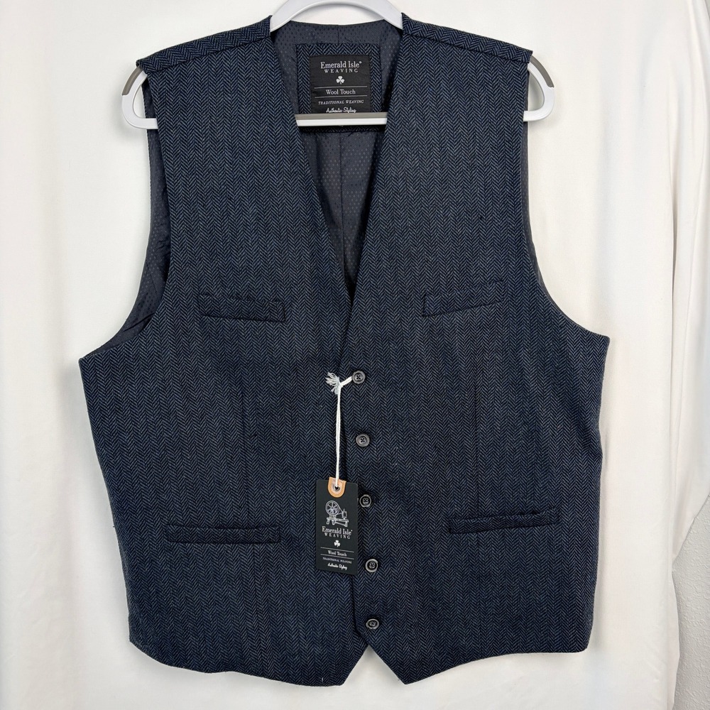 Emerald Isle‎ Weaving Wool Touch Waistcoat Vest 48 Navy Blue New